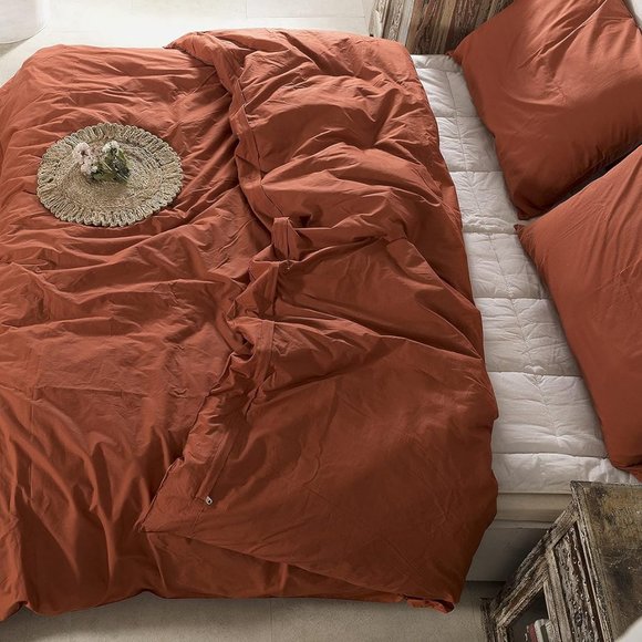 Bed Set 3 piece queen size duvet with pillowcases rust orange color 100% cotton - Picture 7 of 11